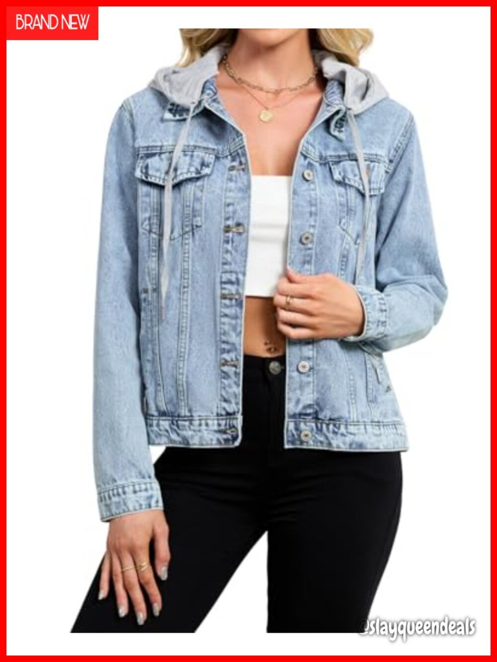 Soft Light Washed Denim Jacket Detachable Hood Boyfriend Fit Casual
